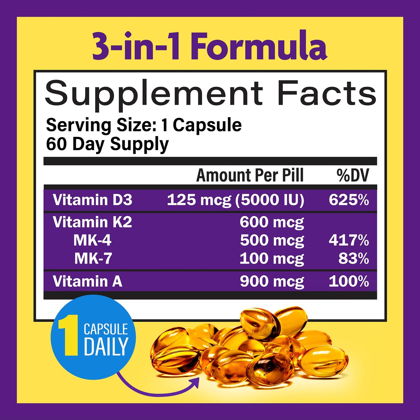 InnovixLabs Vitamin D3 K2-5000 IU Vitamin D3 Plus 600 mcg Vitamin K2 MK4 and MK7 for Max Calcium Absorption, Supports Bone, Immune, Heart Health, 3rd Party Tested, Gluten Free, 60 Softgels