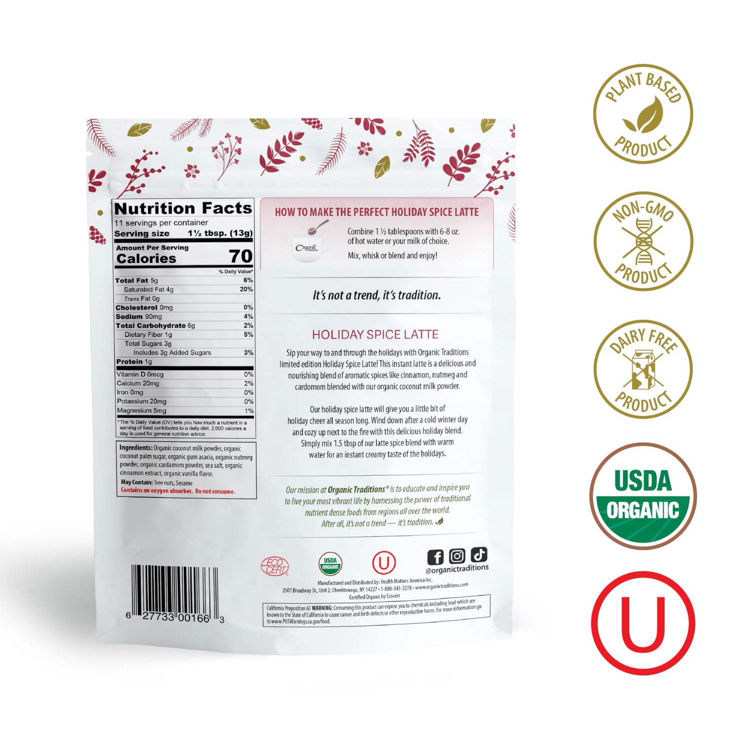 Organic Traditions Holiday Spice Instant Latte, Limited Edition Seasonal Flavour, Superfood Caffeine Free Dairy Free Drink Mix for Hot and Iced Latte Drink, 150g/5.3oz Bag