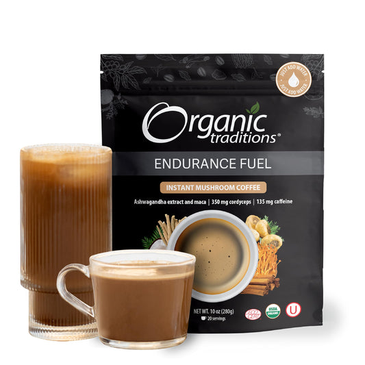 Organic Traditions Endurance Fuel Mushroom Coffee – Organic Instant Mushroom Coffee with Cordyceps, Ashwagandha, Maca, and Coconut Milk Powder – Supports Energy and Stamina (10 Servings) 280 gr/10oz Bag