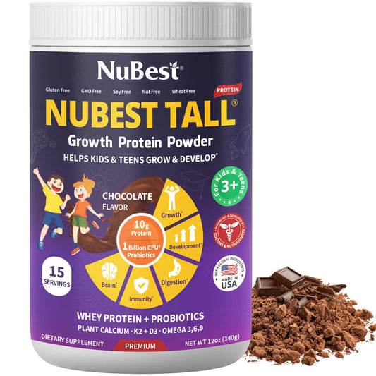 NuBest Tall Protein Powder for Kids & Teens - Whey Protein Powder - Chocolate Protein Powder Shake - Protein Drink with Probiotics, Omega 3-6-9, Vitamin D3 + K2, Calcium, Vitamin - 15 Servings