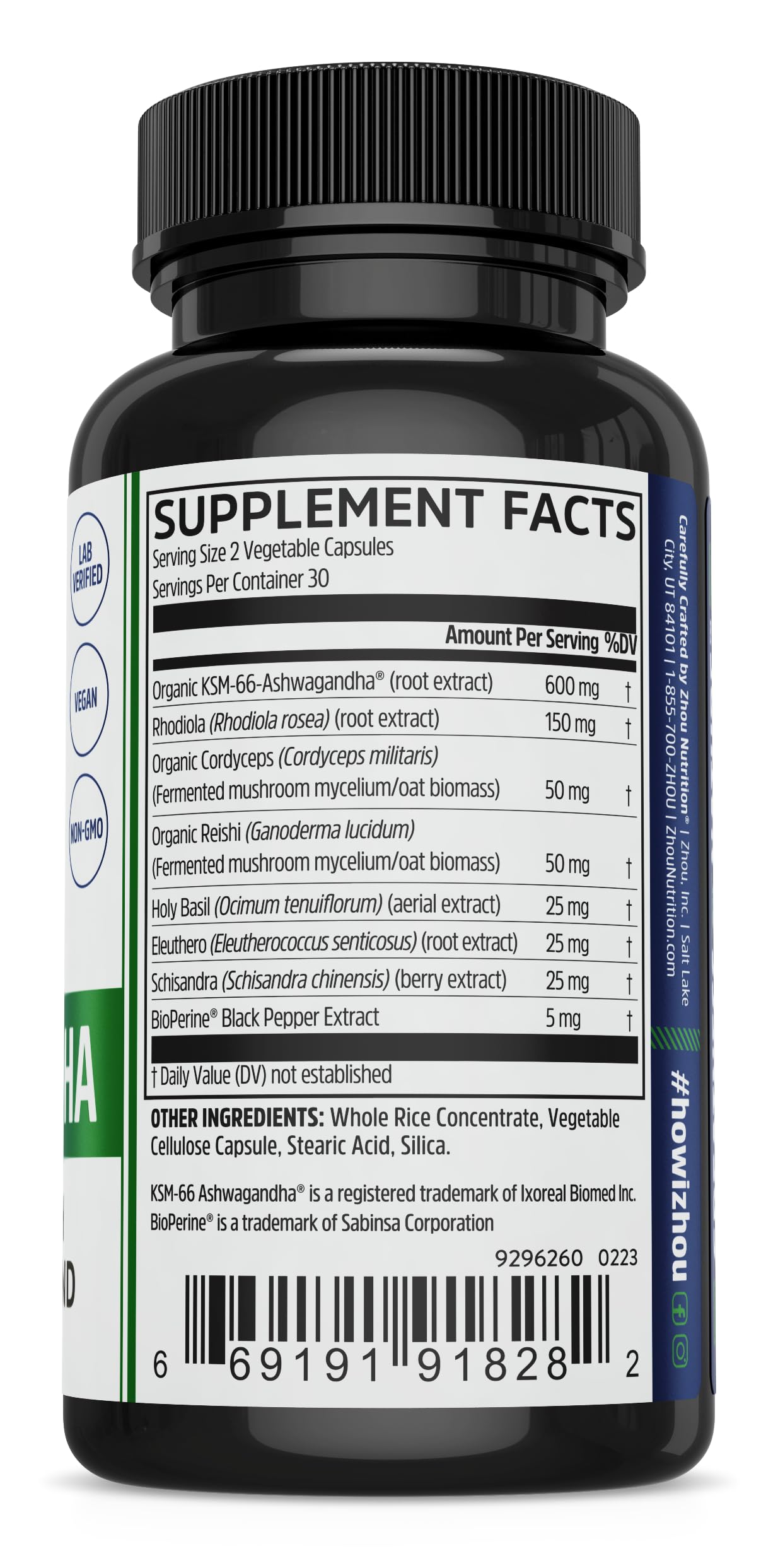 Zhou Ashwagandha - Ashwagandha and Rhodiola for Women & Men, Adaptogen Ashwaganda Extract 1200 mg with Black Pepper, Adaptogenic Support Supplement for Calm, Mood, Sleep - 60 Vegan Capsules