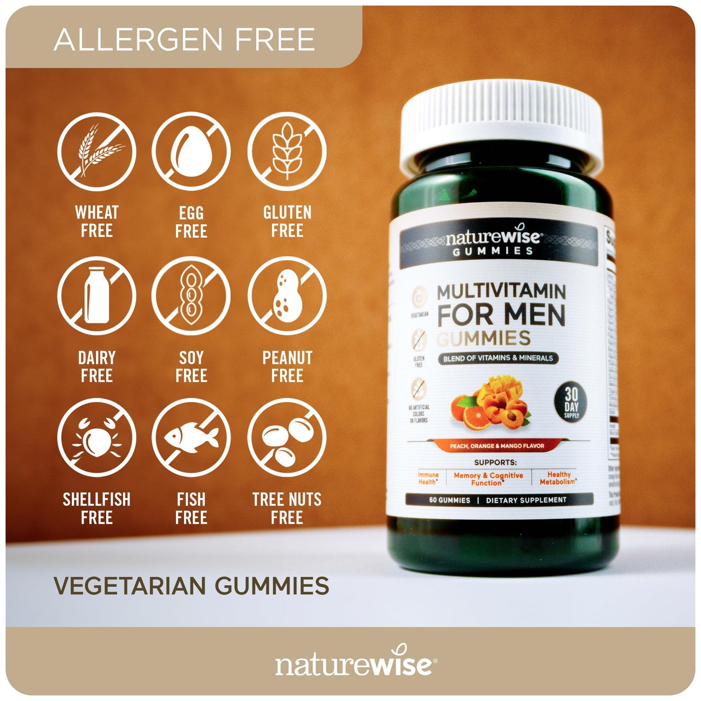 NatureWise Multivitamin for Men, Gummies Peach Mango Flavor, for Immune Health with Minerals & Vitamin A, C, D, E, B6 and B12, Vegetarian, Soy-Free, Non-GMO, 60 Count[1-Month Supply]