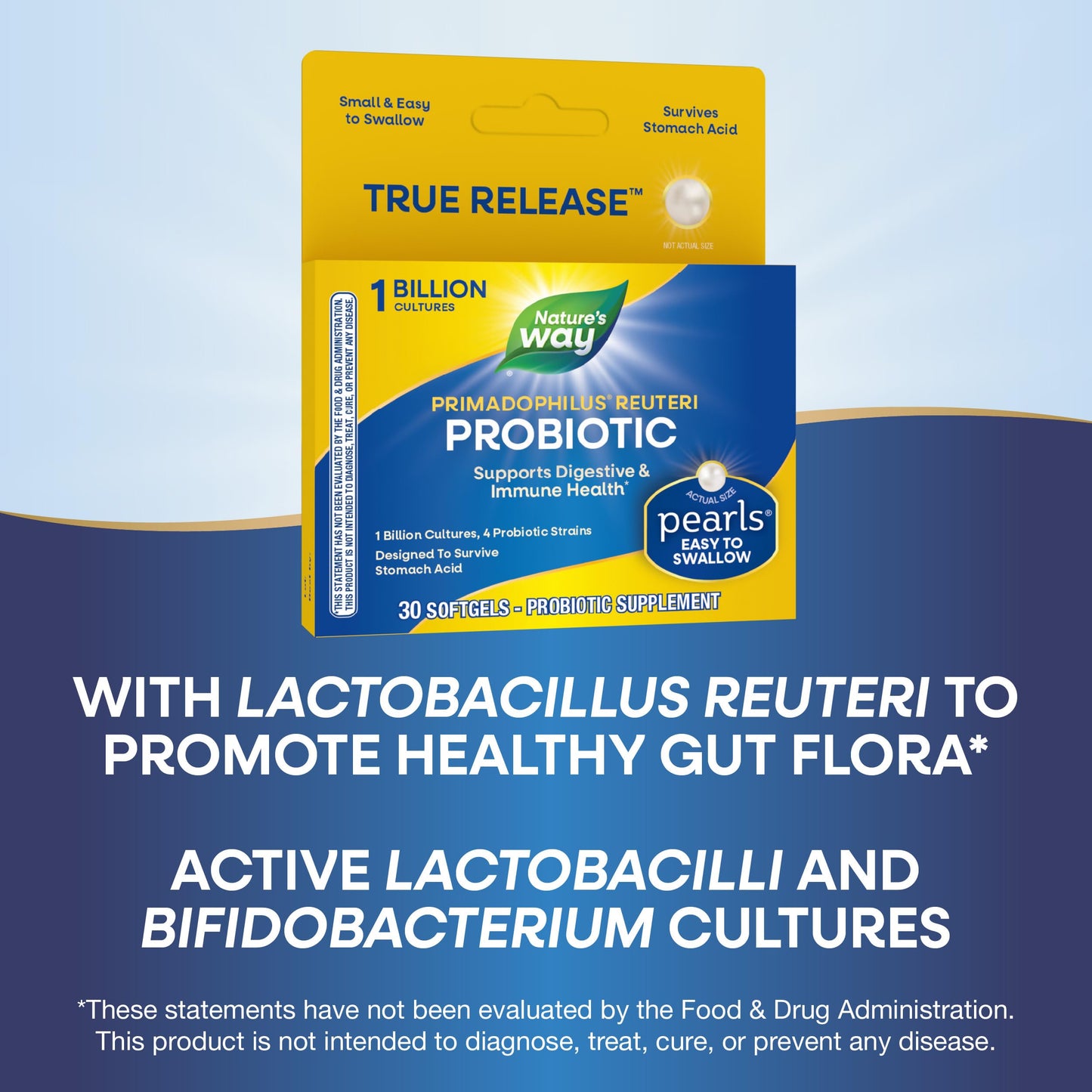 Nature's Way Primadophilus Reuteri Probiotic Pearls for Men and Women, Digestive and Immune Health*, 1 Billion Culture, 4 Probiotic Strains, Survives Stomach Acid, 30 Softgels