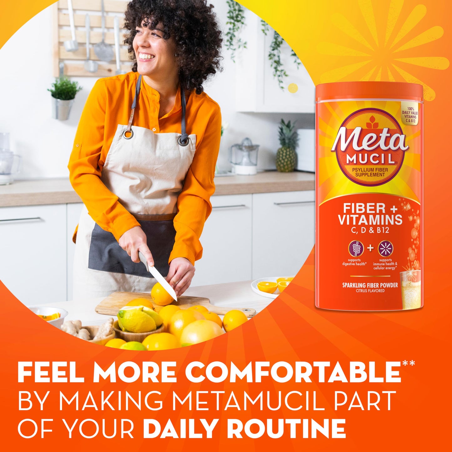 Metamucil Sparkling Fiber Supplement + Vitamins, Plant Based Psyllium Fiber Powder with Vitamins C, D & B12, Daily Supplement for Regularity + Metabolism, Citrus Flavored, Sugar-Free, 90 Servings