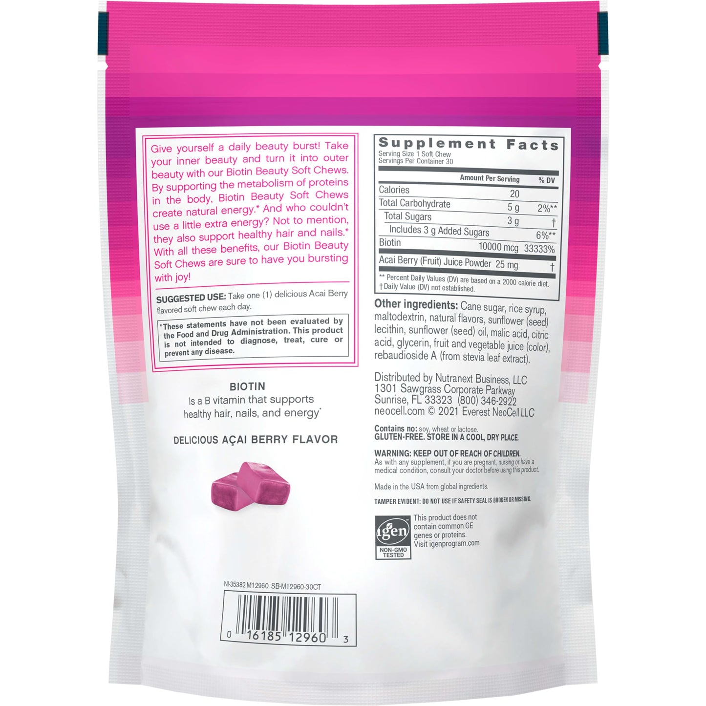 NeoCell Biotin Beauty Soft Chews, For Healthy Skin, Hair, Nails, Energy Support Supplement, Acai Berry Flavor, Soft Chews, 30 Count, 1 Bag