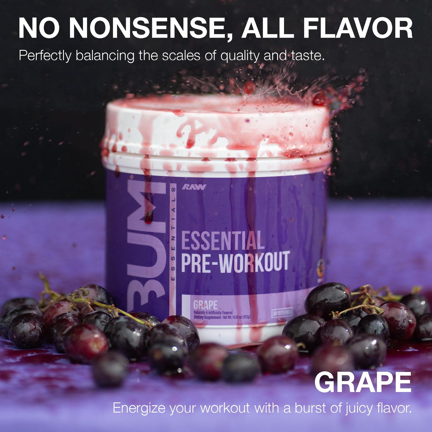 RAW Essential Pre-Workout Powder (Grape) - Chris Bumstead Sports Nutrition Supplement for Men & Women - Preworkout Energy Powder with Caffeine, L-Citrulline, L-Tyrosine, & Beta Alanine Blend