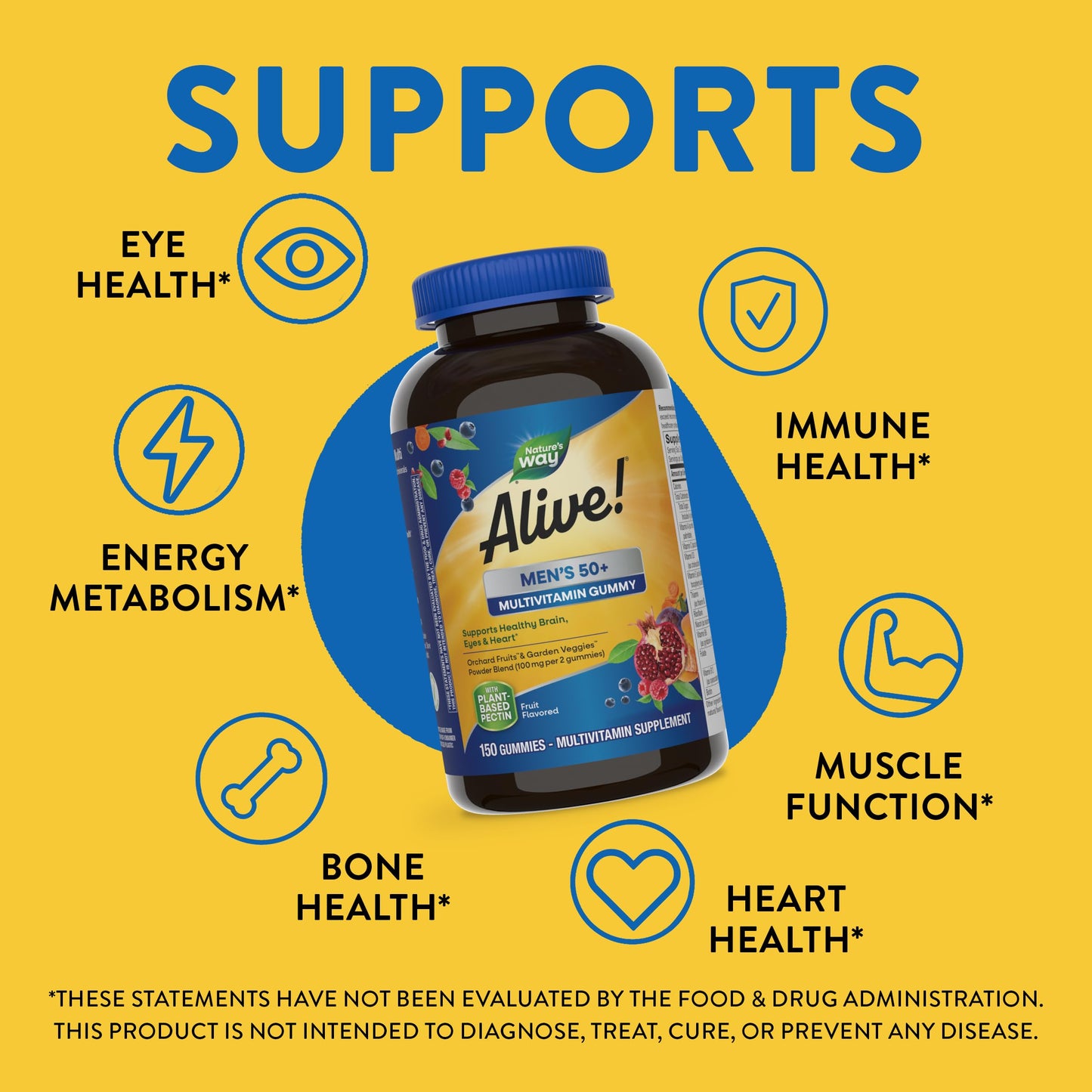 Nature’s Way Alive! Men’s 50+ Daily Gummy Multivitamins, Supports Healthy Brain, Eyes, Heart*, B-Vitamins, Gluten-Free, Vegetarian, Fruit Flavored, 150 Gummies (Packaging May Vary)