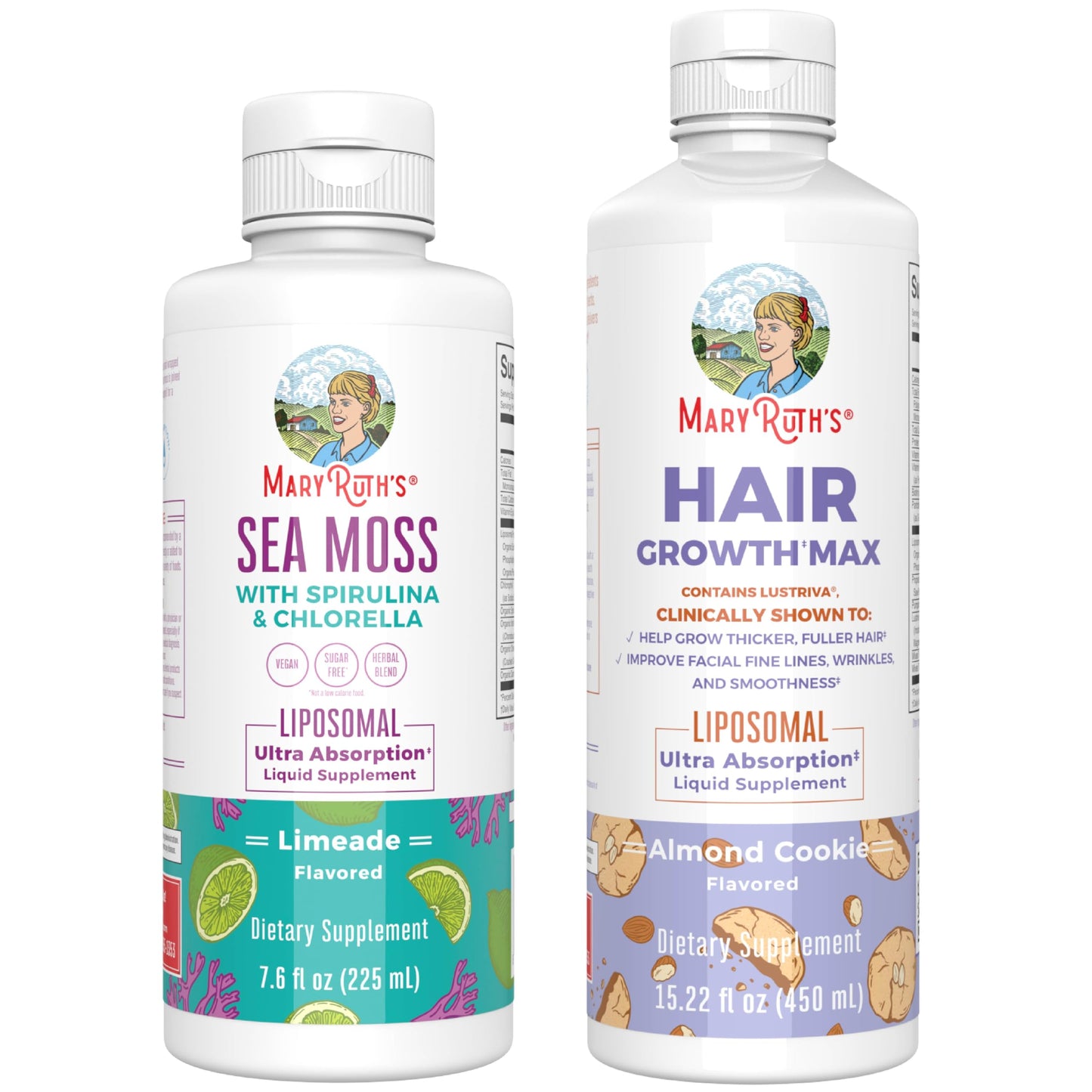 MaryRuth Organics Sea Moss Liposomal (Limeade) & Hair Growth MAX (Almond Cookie) | Clean Label Project Verified® | Vitamins for Energy, Immunity, & Beauty | Vegan, Gluten-Free, Non-GMO