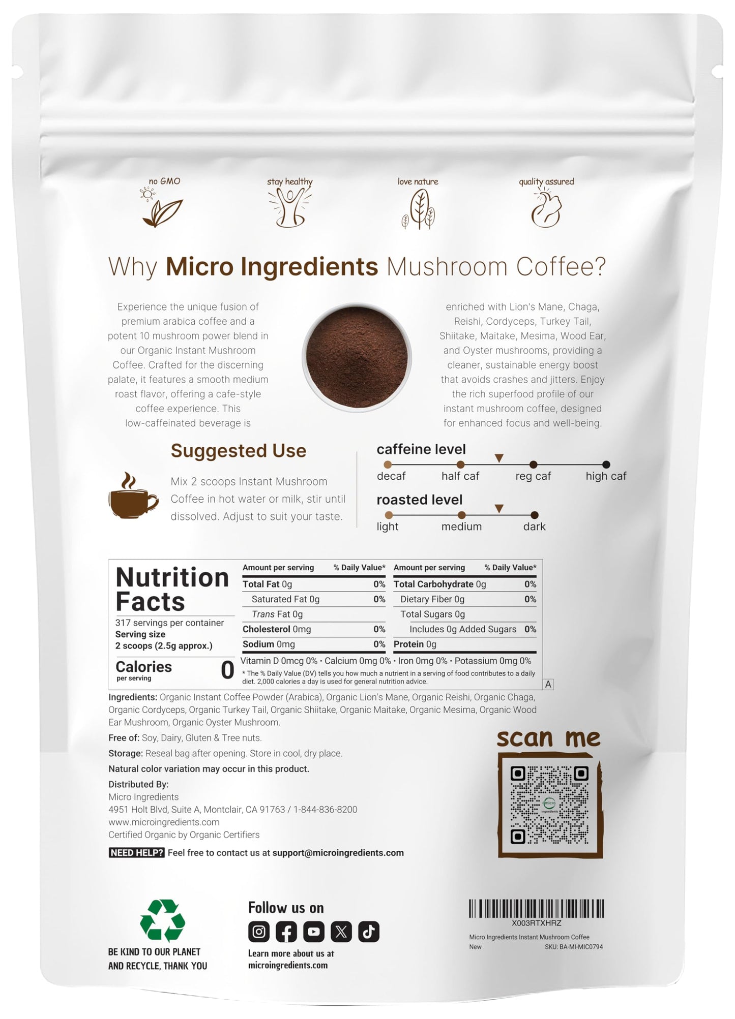 Pre-Order | Arrives in 5–10 Days – Organic Instant 10 in 1 Mushroom Coffee Powder, 28 Ounce (317 Servings) | Weight & Immune Support | Premium Arabica Coffee with Lion’s Mane, Chaga, Reishi,& More