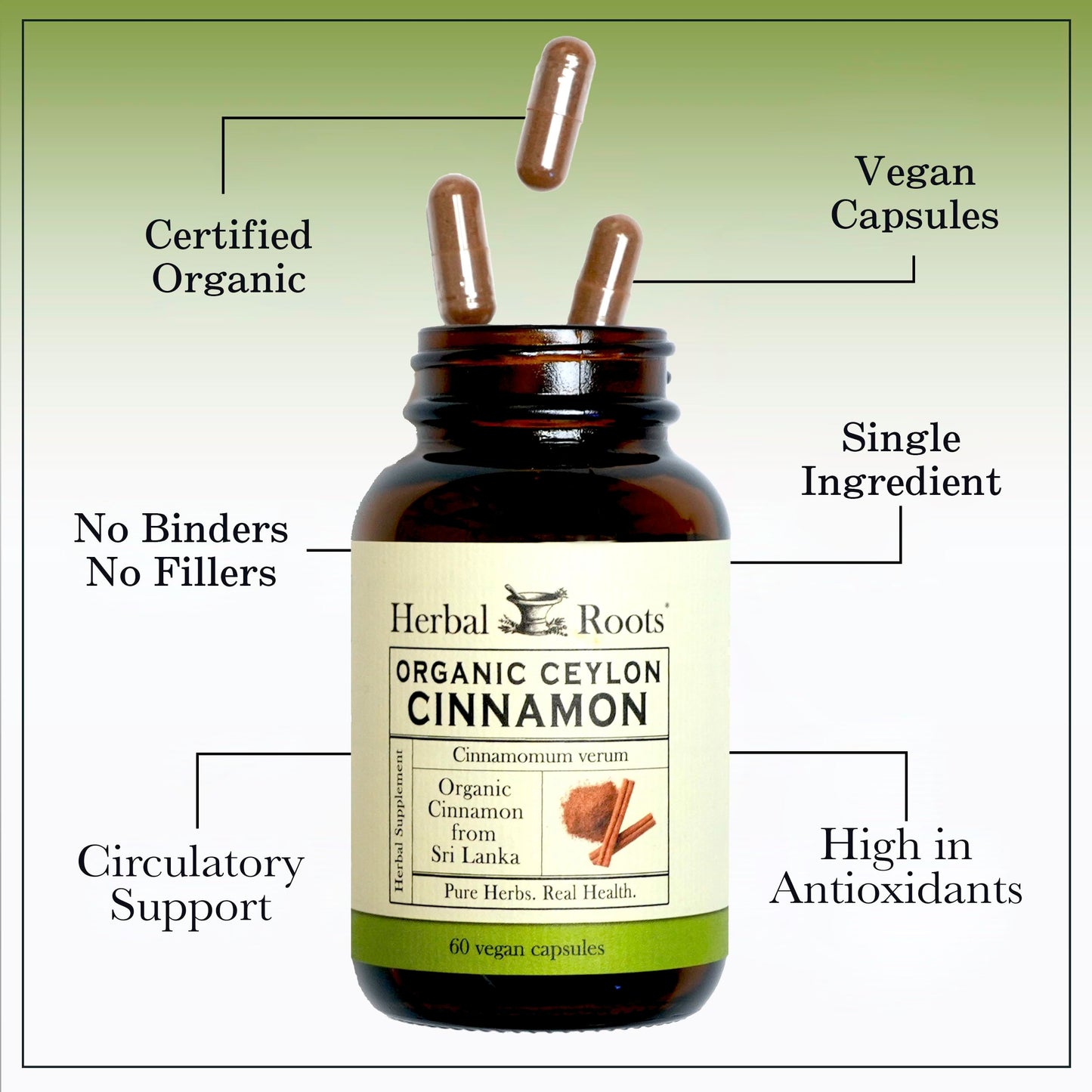 Herbal Roots Organic Ceylon Cinnamon Capsules | USDA Certified Organic - Non-GMO | 60 Organic Vegan Capsules