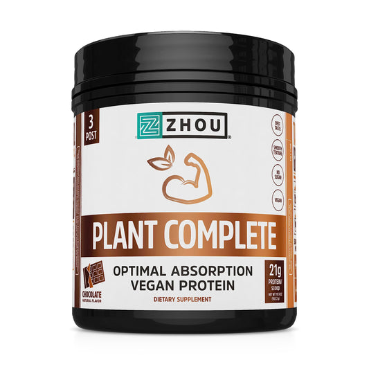 Zhou Plant Complete Vegan Protein Powder - Plant Based Protein Powder for Women & Men, Non Dairy Rice & Pea Blend for Smoothies & Shakes, 21g Protein Per Serving - Chocolate, 17.7oz (16 Servings)