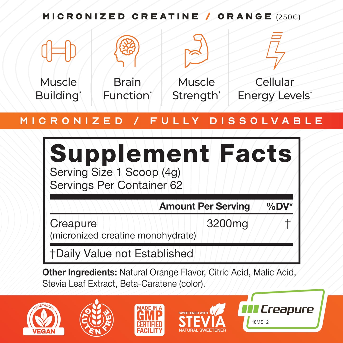 Muscle Feast Creapure - Micronized Creatine Monohydrate Powder | Premium Pre-Workout or Post-Workout | Flavored Creatine for Women & Men | Easy to Mix, Gluten-Free, Safe and Pure, (Orange, 250g)