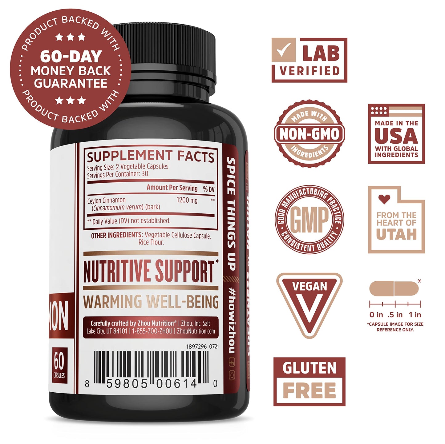 Zhou Heart Hero Ceylon Cinnamon - Ceylon Cinnamon Capsules for Women and Men, Cinnamon Verum Supplement with 1200 mg Per Serving for Heart and Joint Health - 60 Veggie Capsules