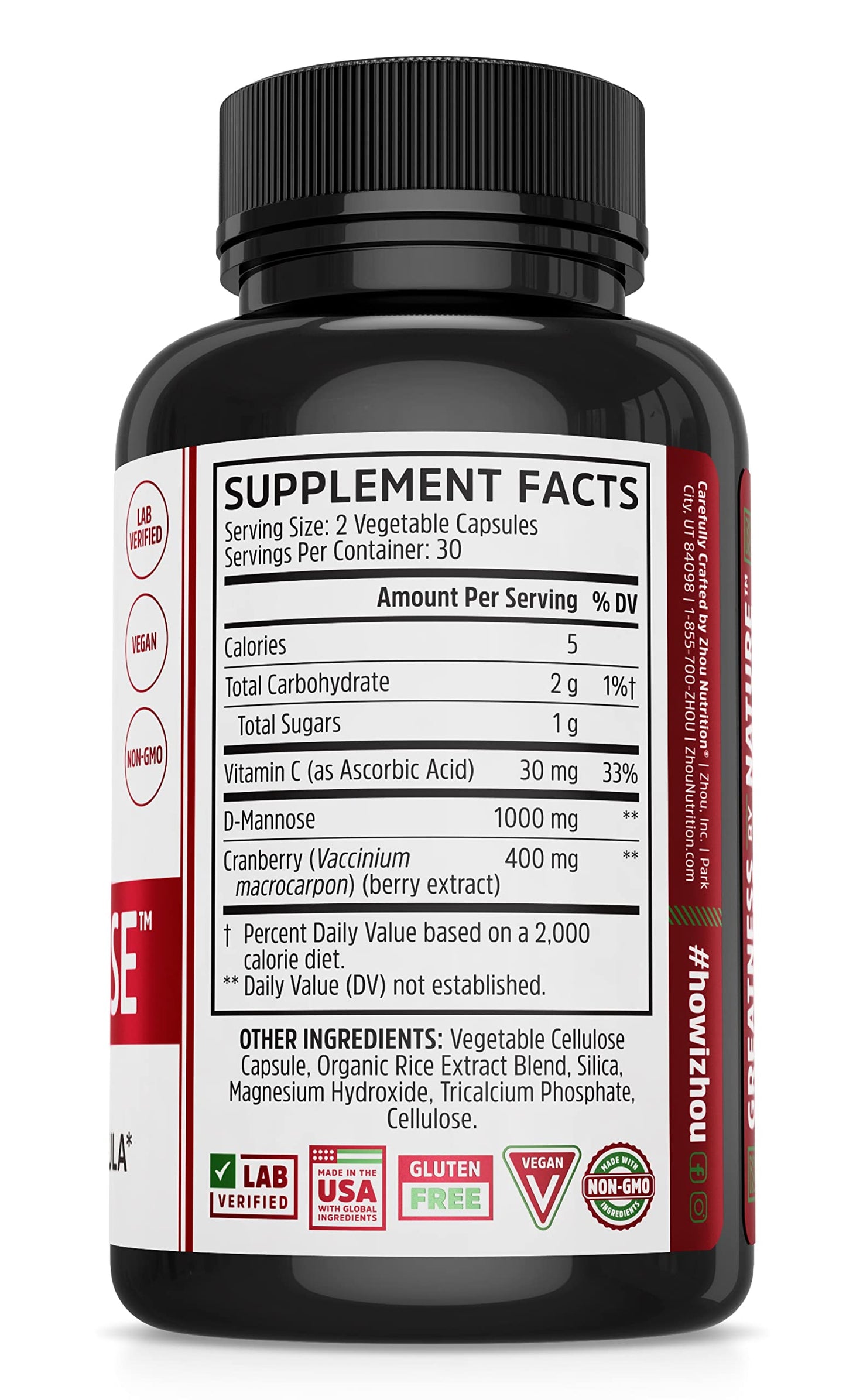 Zhou Cran-Defense - Cranberry Pills for Women & Men, D Mannose with Cranberry Extract, 1000 mg D-Mannose Per Capsule for Urinary Tract Health, Antioxidant Support - 60 Veggie Capsules