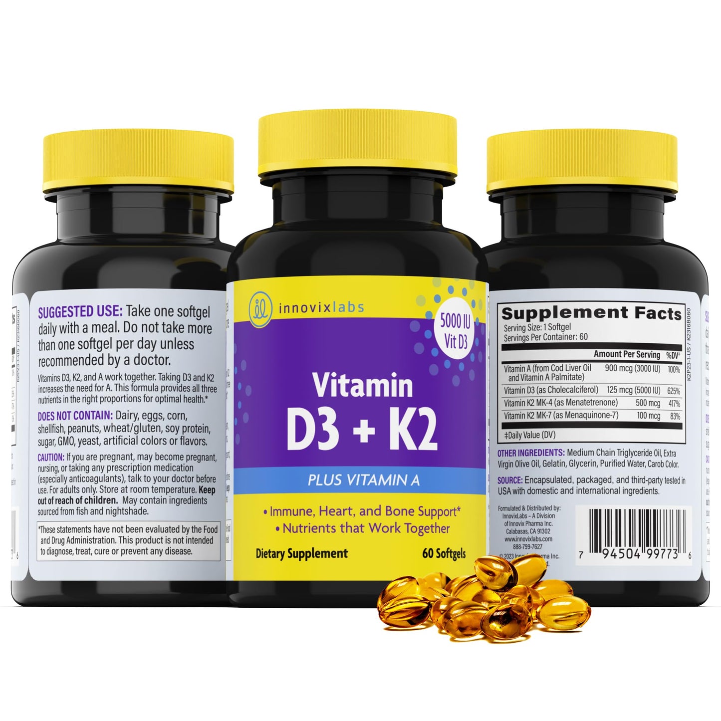 InnovixLabs Vitamin D3 K2-5000 IU Vitamin D3 Plus 600 mcg Vitamin K2 MK4 and MK7 for Max Calcium Absorption, Supports Bone, Immune, Heart Health, 3rd Party Tested, Gluten Free, 60 Softgels