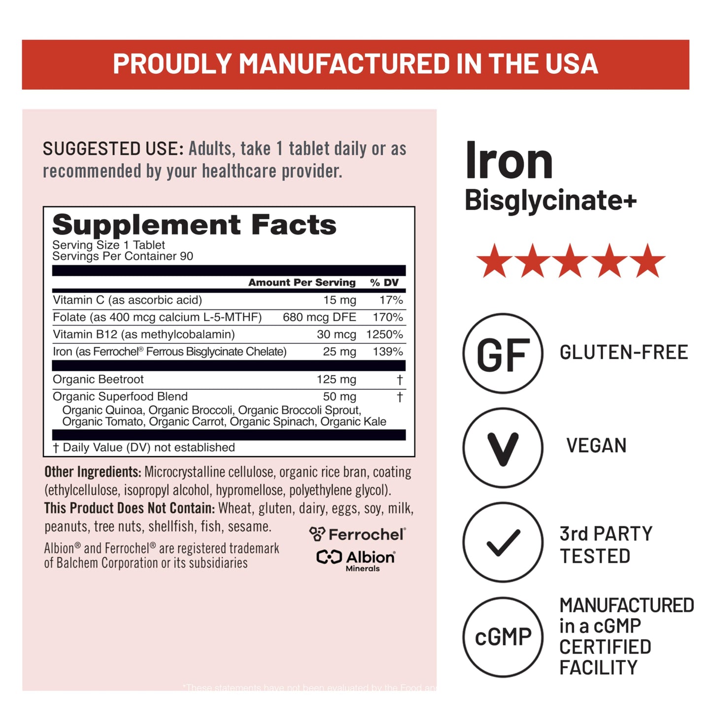 NatureWise Vegan Iron Supplement for Women & Men - Gentle on Stomach High Absorption - Coated Iron Bisglycinate Tablets + Vitamin C, Methyl B12, Folate & Organic Food Blend - 90 Tablets[90-Day Supply]