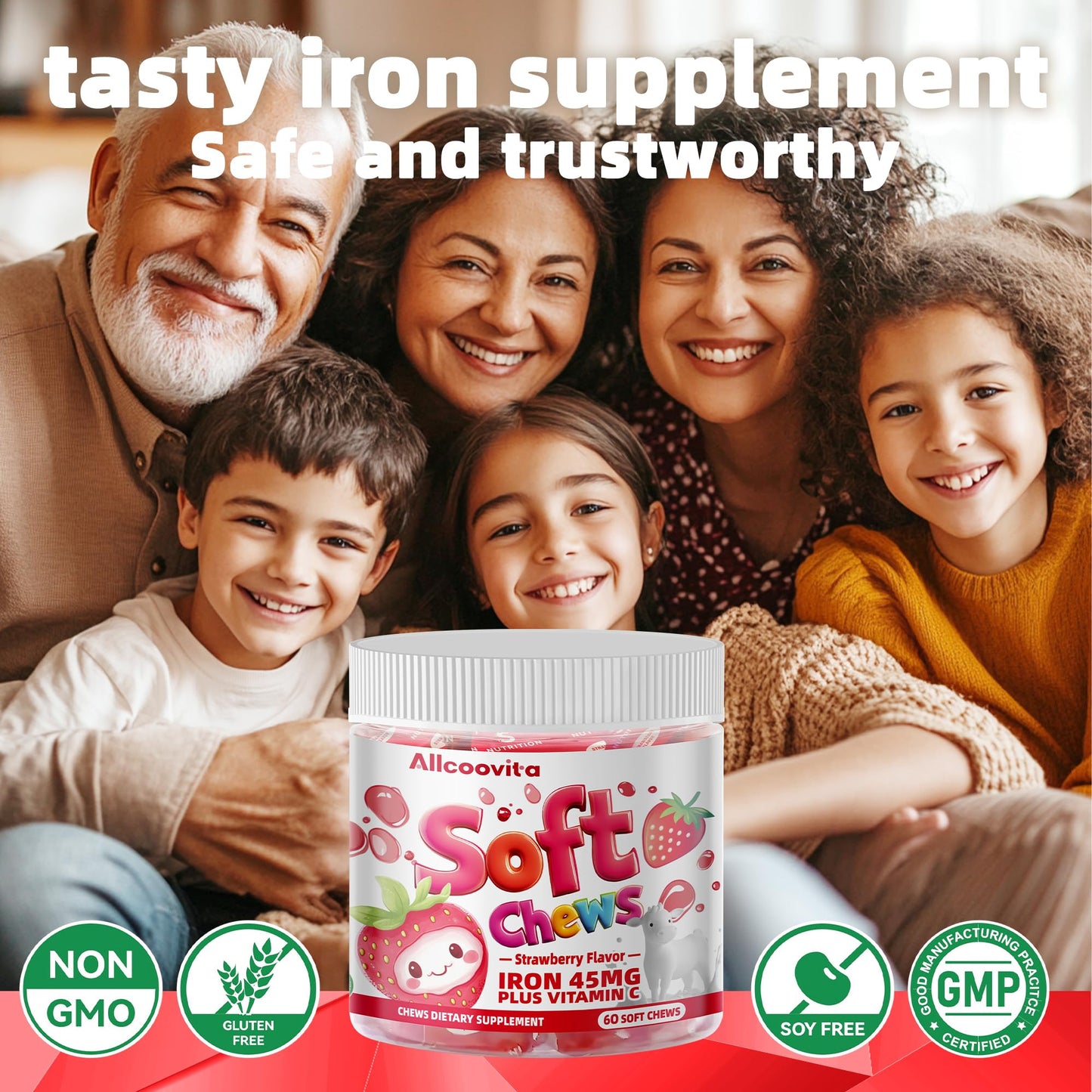 Iron Soft Chews Supplement with Vitamin C | Strawberry Flavored | Gluten Free | Iron Supplement for Women Men and Kids | 60 Count | 2 Month Supply