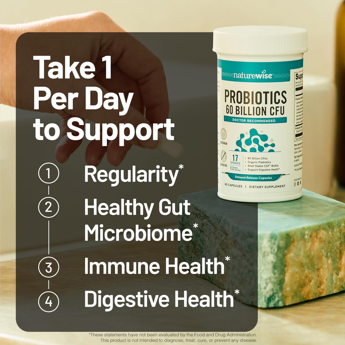 NatureWise Probiotics 60 Billion CFU - 17 Strains + Organic Prebiotics - Immune, Digestive & Gut Health Support for Women & Men - Vegetarian, Gluten-Free, Non-GMO - 30 Capsules[1-Month Supply]