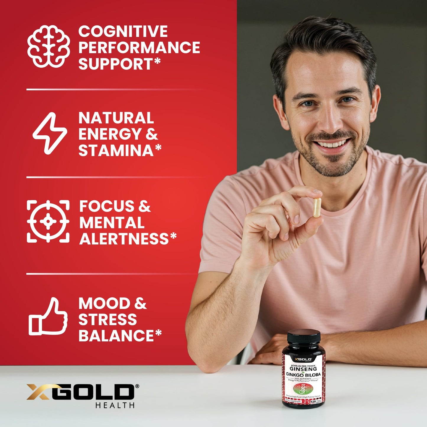 Korean Red Panax Ginseng 1200mg + Ginkgo Biloba -120 Vegan Capsules - High Ginsenosides Extra Strength Root Extract Powder Supplement for Energy, Performance & Focus Pills for Men & Women