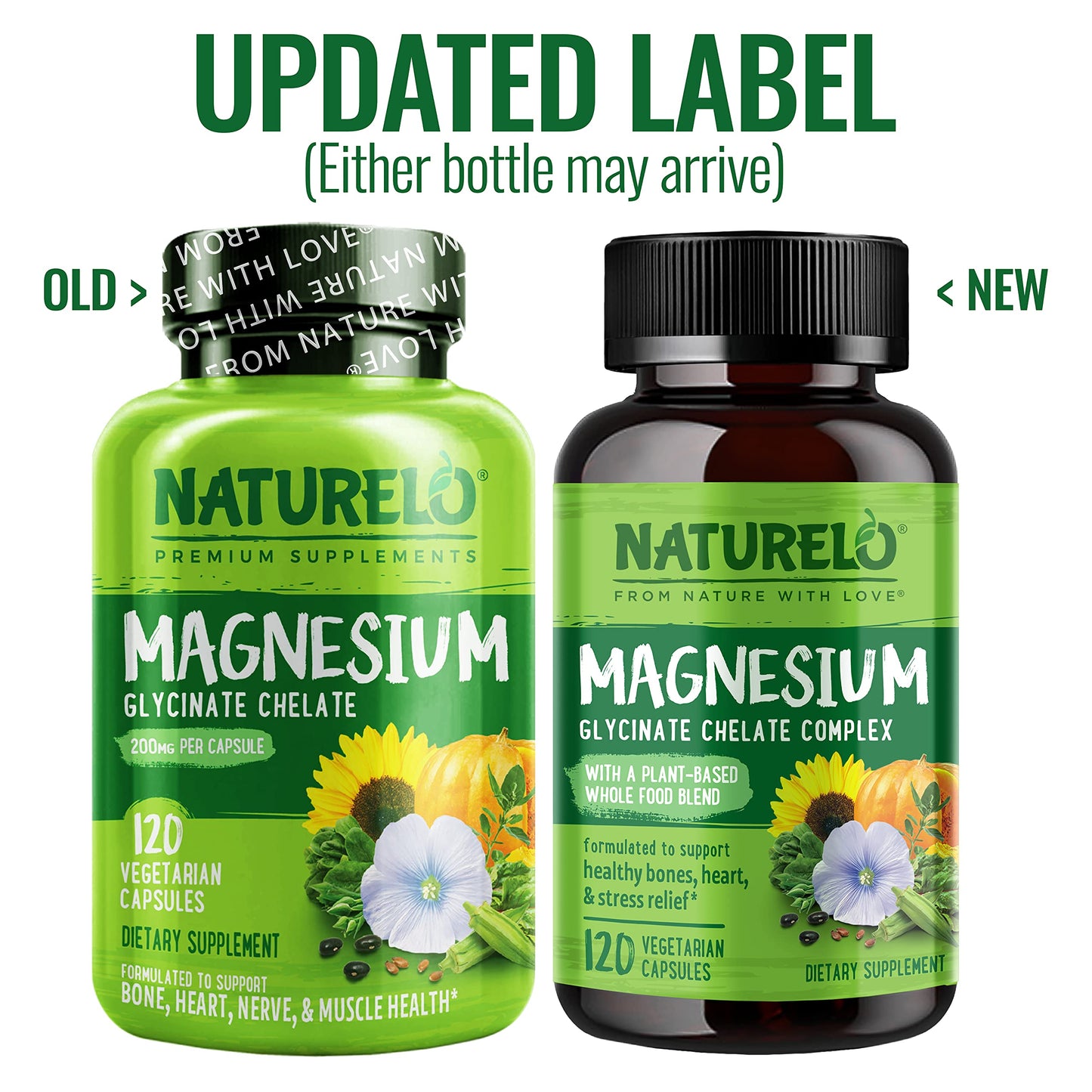 NATURELO Magnesium Glycinate Chelate Complex - 200 mg Magnesium with Organic Vegetables to Support Sleep, Calm, Muscle Cramp & Stress Relief - Gluten Free, Non GMO - 120 Capsules