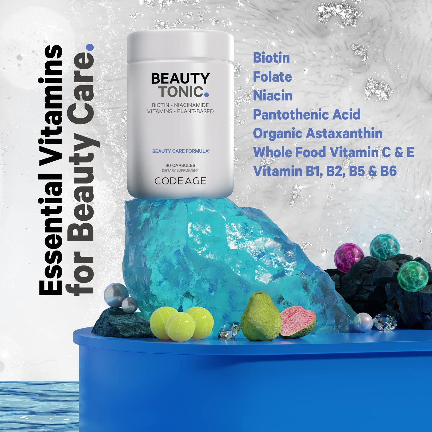 Codeage Biotin Supplement with Vitamin C, Vitamin E, Vitamin B6, Niacin, Folate, Organic Food Blend, Phytoceramides, Astaxanthin, Selenium - Beauty Tonic - Hair, Skin, and Nail Support - Vegan, 90 Ct