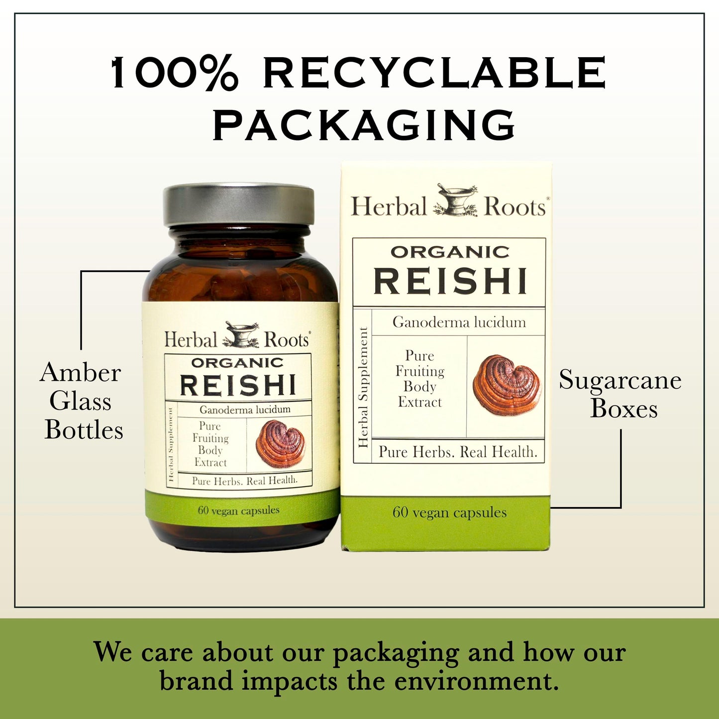 Herbal Roots Organic Reishi Capsules - Made with Fruiting Bodies - Support Energy, Vitality, Immune & Heart Health - 60 Vegan Capsules