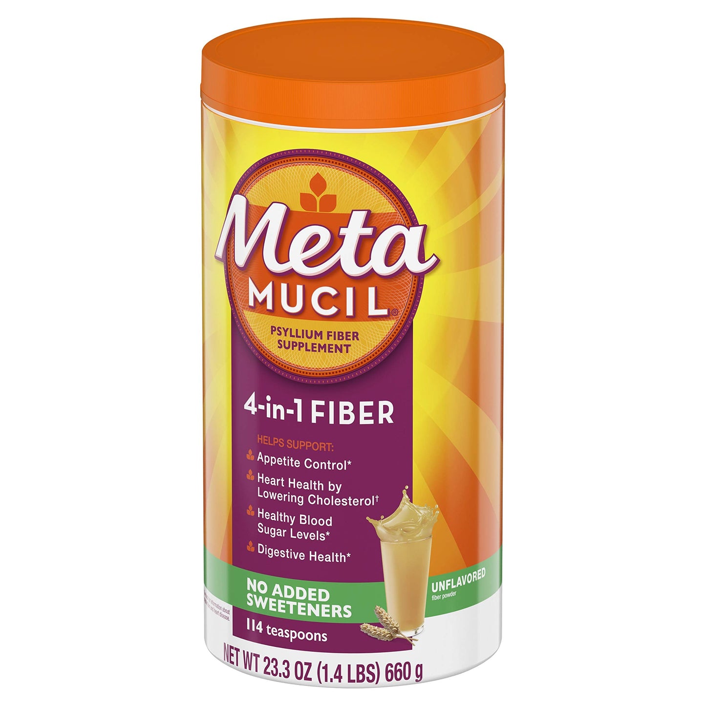 Metamucil Fiber, 4-in-1 Psyllium Fiber Supplement, Sugar Free Powder, Unflavored Drink, 114 Servings (Packaging May Vary)
