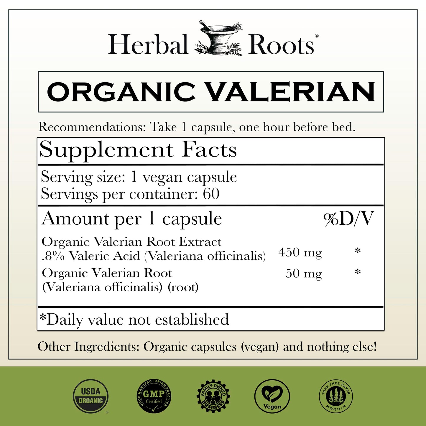 Herbal Roots Pure Organic Valerian Root Capsules - 900 mg - Non-Habit Forming with no Melatonin, Non-GMO - 60 Count Vegan Capsules, Herbal Supplement