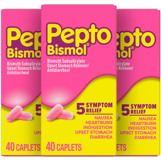 Pepto Bismol Caplets for Nausea, Heartburn, Indigestion, Upset Stomach, and Diarrhea, 5 Symptom Fast Relief in a Convenient Form, 120 Total (3 Packs of 40)