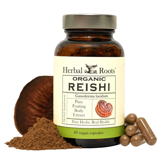Herbal Roots Organic Reishi Capsules - Made with Fruiting Bodies - Support Energy, Vitality, Immune & Heart Health - 60 Vegan Capsules