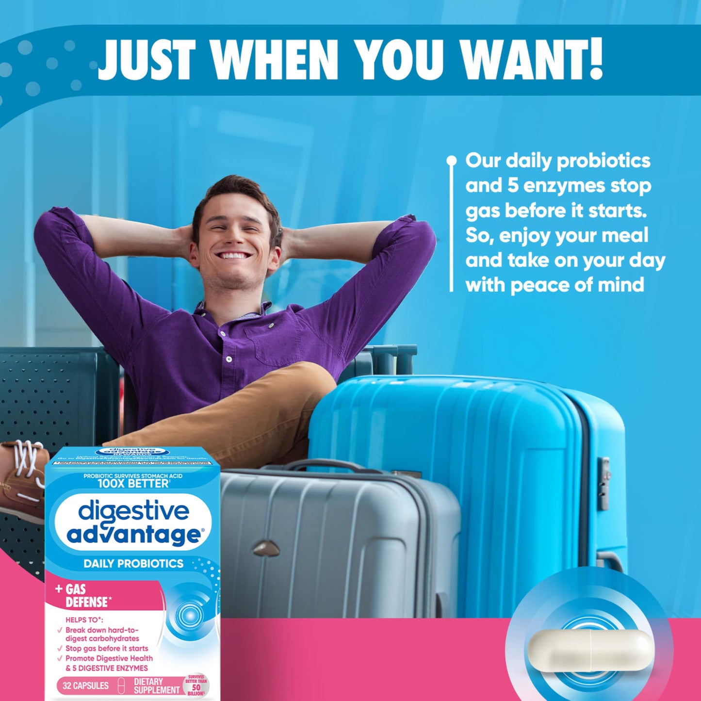 Digestive Enzyme and Probiotic Capsule- Digestive Advantage 32 Capsules, Survives 100x Better than regular 50 billion CFU, Breaks down food, helps prevent gas