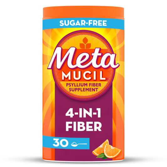 Metamucil 4 in 1 Daily Fiber Supplement Powder, Fiber Powder for Digestive Health and Regularity*, Sugar-Free, Orange, Naturally Sourced Psyllium Fiber, 30 teaspoons