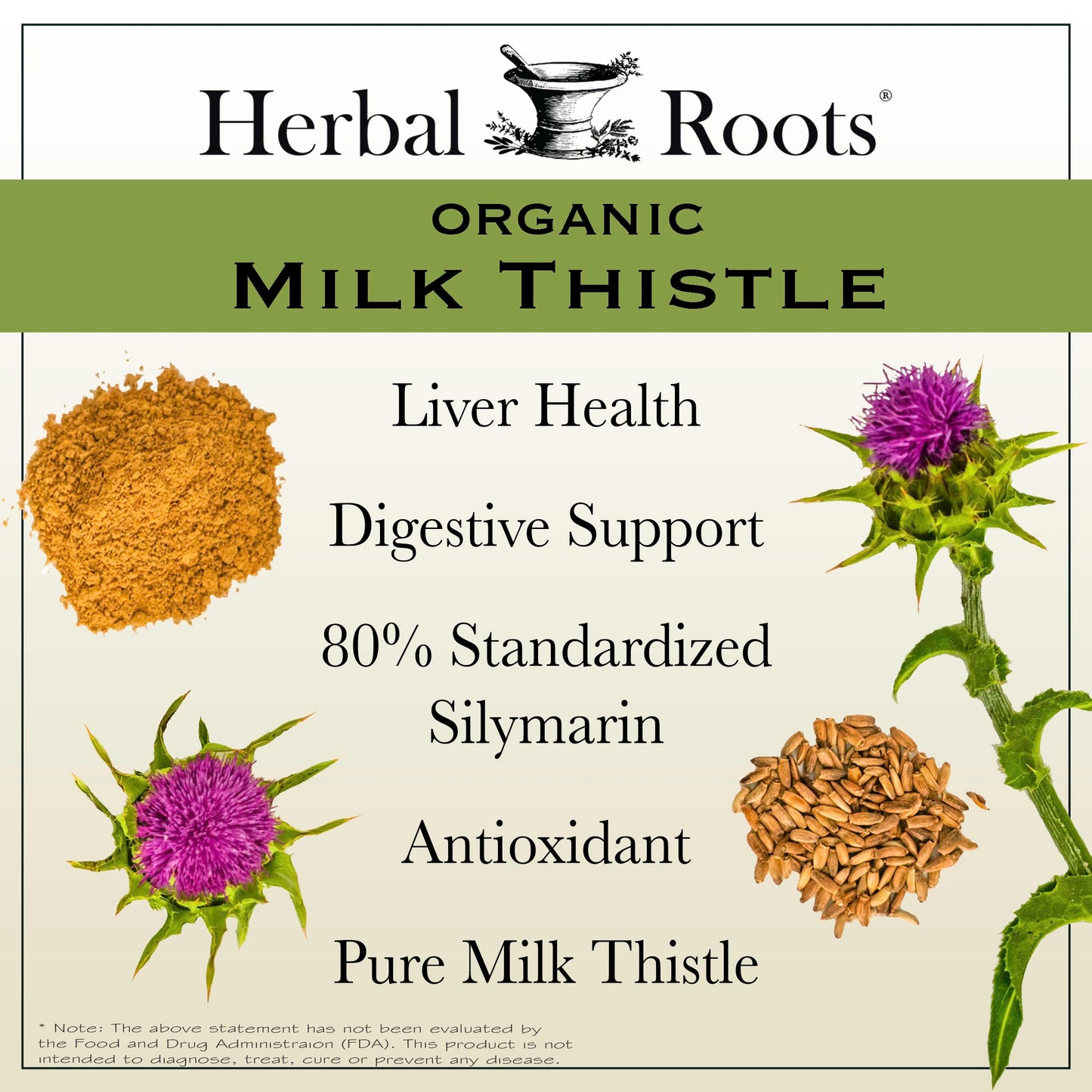Herbal Roots Milk Thistle Capsules | Extra Strength 80% Silymarin Herbal Supplement | Made with Pure Organic Milk Thistle | Vegan and GMO Free