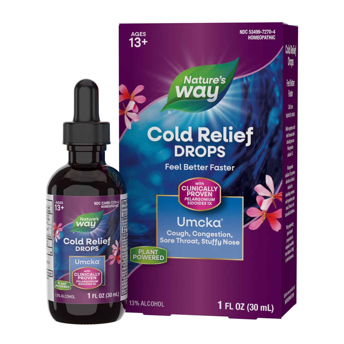 Nature’s Way Cold Relief Drops, Umcka, Multi-Symptom Cold Relief, Sore Throat, Cough, Stuffy Nose, and Congestion, Homeopathic, Phenylephrine Free, Non-Drowsy, 1 Fl Oz (Packaging May Vary)