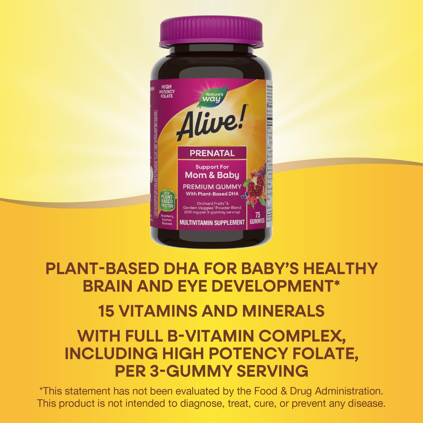 Nature’s Way Alive! Prenatal Premium Gummy Multivitamin, High Potency Folate, Plant-Based DHA, Vegetarian, Strawberry and Lemon Flavored, 75 Gummies