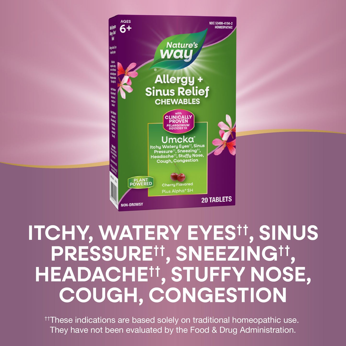 Nature's Way Allergy+Sinus Relief Chewables, Umcka, Sneezing*, Runny Nose*, Headache*, Cough, Congestion, No Phenylephrine, Non-Drowsy, Cherry Flavored, 20 Chewable Tablets (Packaging May Vary)