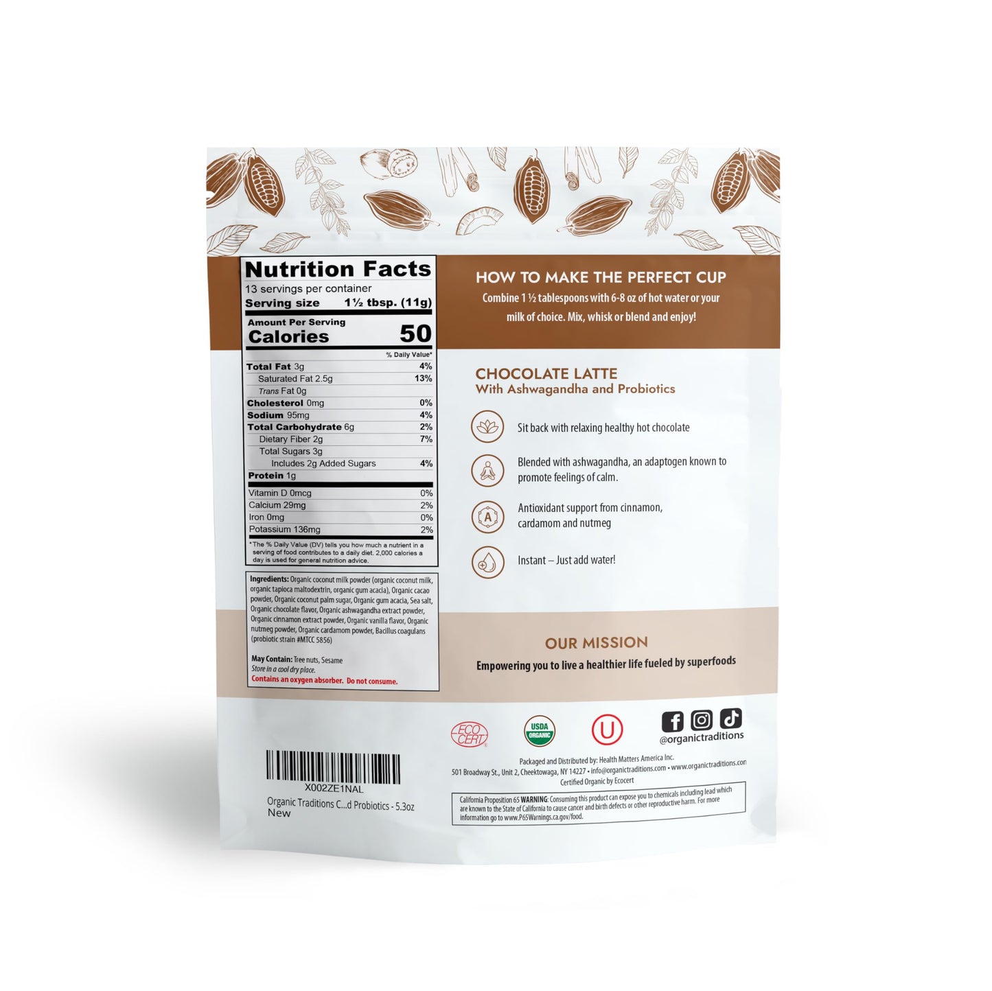 Organic Traditions Superfood Chocolate Latte – Creamy Coconut Milk Base - Dual Extract Ashwagandha – Easy to Mix - Sweetened with Coconut Palm Sugar – 1 Billion Probiotics per Serving - 150g/ 5.3oz Bag