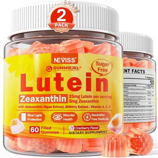 2 Pack Lutein and Zeaxanthin Supplements Gummies (25mg) Vitamins A, C, E, Bilberry, Astaxanthin - Coconut Oil for Better Absorption - for Adults & Teens Vision, Eye, Brain, Skin - Vegan, Sugar Free