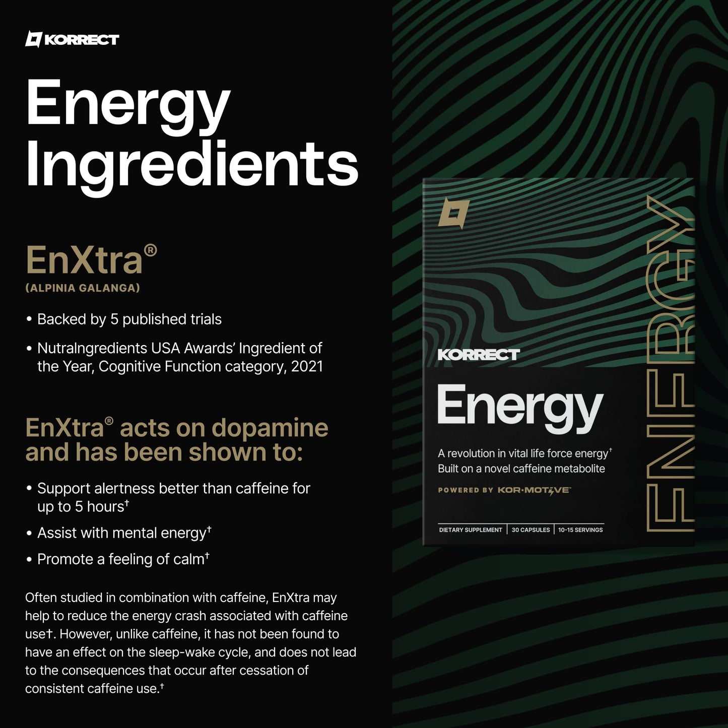 Korrect Clean Energy Supplement for Men & Women | Mental Clarity, Nootropic| Paraxanthine, Sustained Attention| Jitter-Free Stamina |3rd Party Lab Tested, Non-GMO, cGMP Certified 30 Capsules