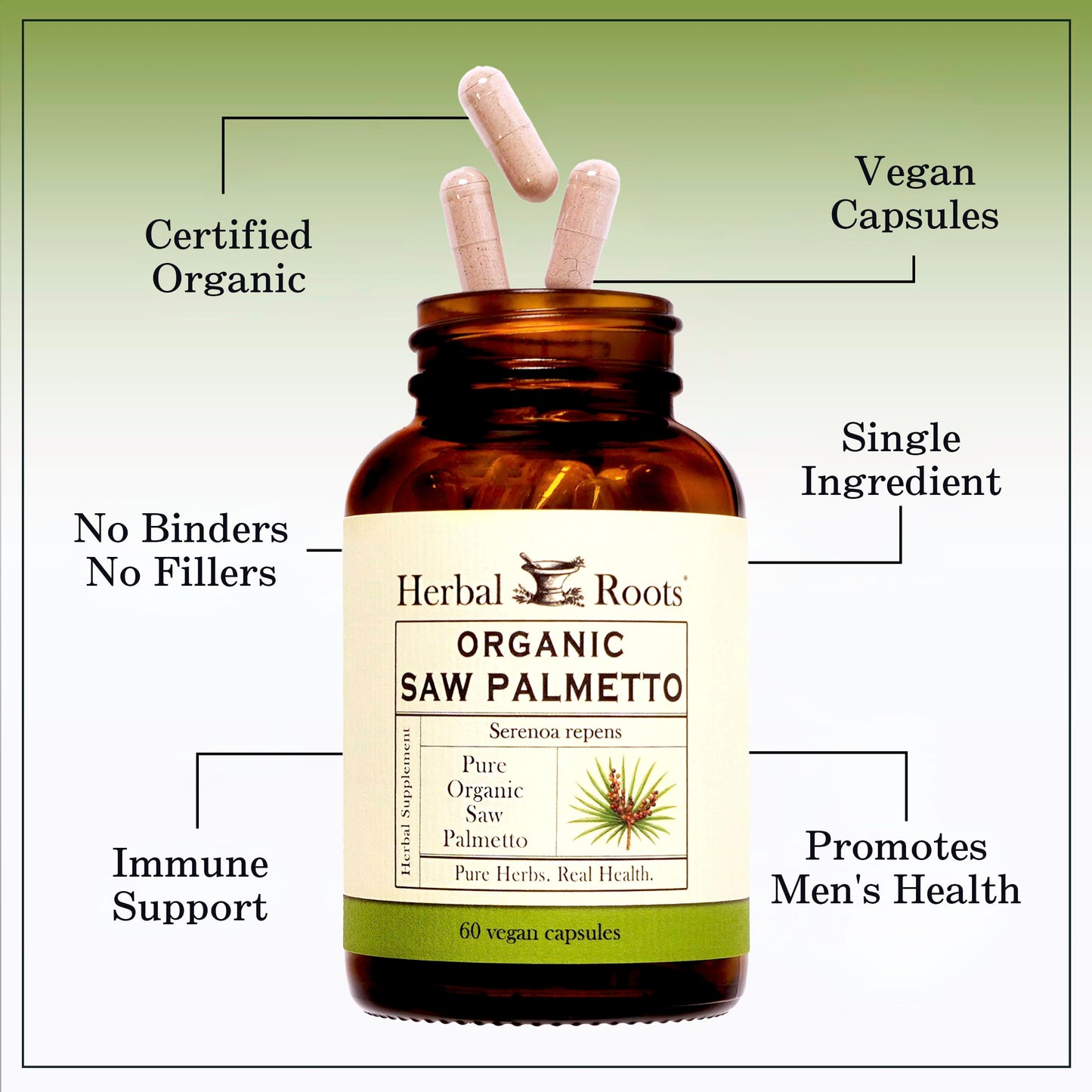 Herbal Roots Organic Saw Palmetto Capsules | 1,000mg per Serving | 60 Organic Vegan Capsules