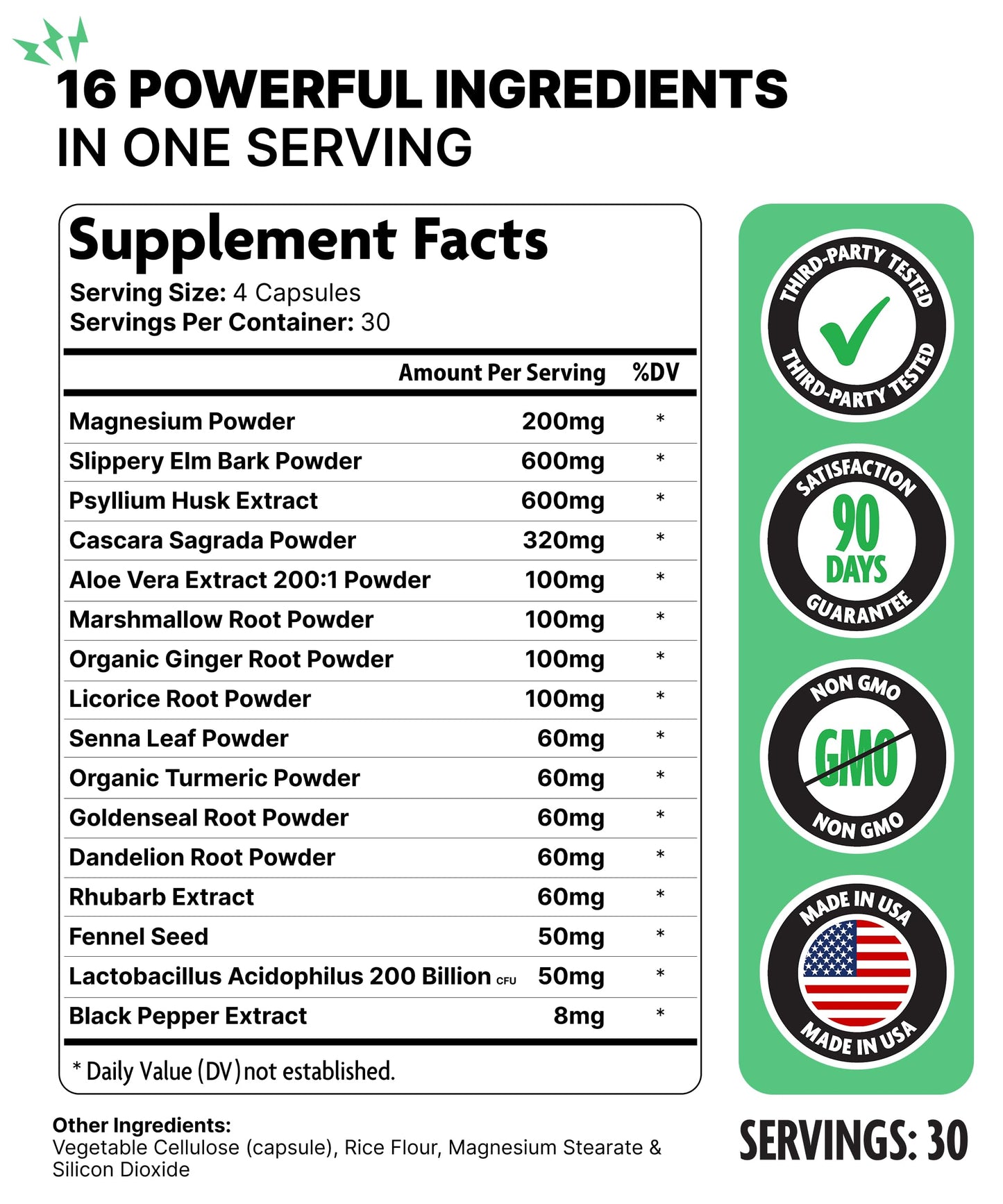 16 in 1 Slippery Elm Bark for Women & Men - Digestive Health & Leaky Gut Wellness Supplement - Probiotic, Psyllium Husk, Cascara, Magnesium & Marshmallow Root Complex - DGL Licorice Extract Capsules