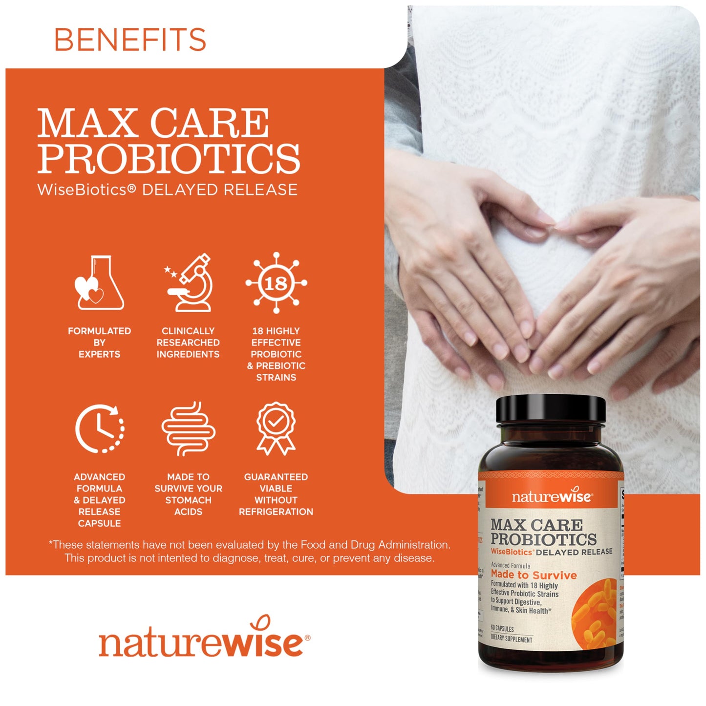 NatureWise Max Probiotics for Women & Men - 30 Billion CFU 18 Strains With Prebiotics - For Gut & Digestive Health - Delayed-Release Capsules, Gluten Free - 60 Capsules[2-Month Supply]