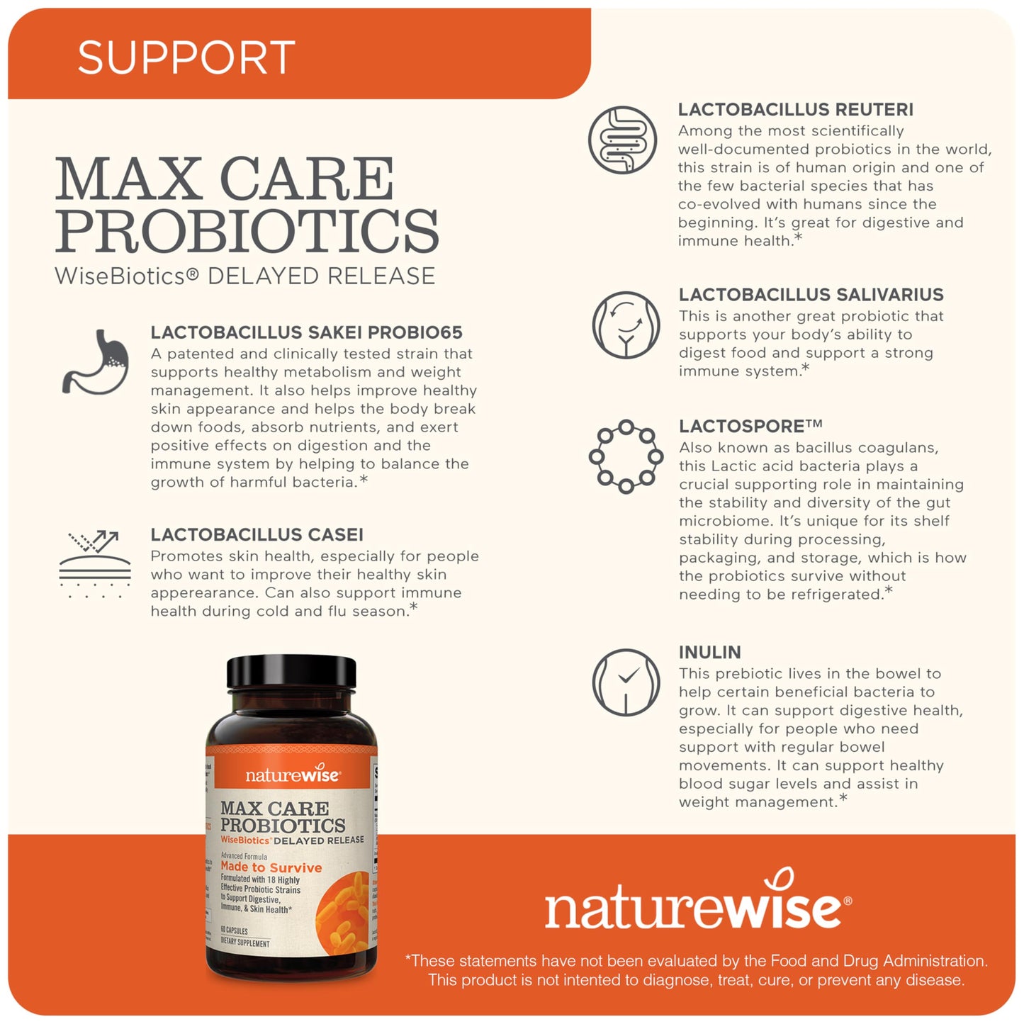 NatureWise Max Probiotics for Women & Men - 30 Billion CFU 18 Strains With Prebiotics - For Gut & Digestive Health - Delayed-Release Capsules, Gluten Free - 60 Capsules[2-Month Supply]