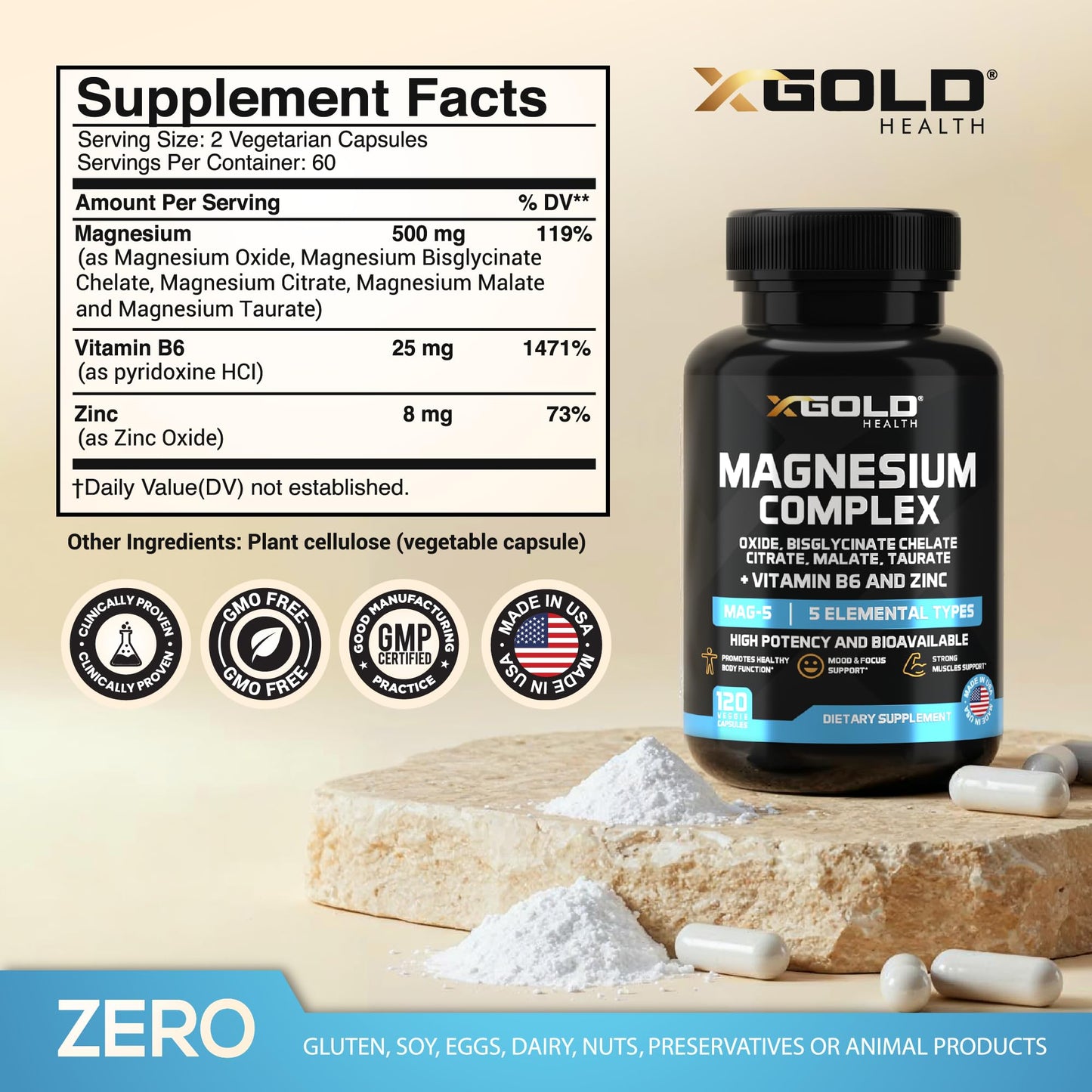 Micronized Magnesium Complex Plus B6 | Zinc Magnesium Oxide, Bisglycinate Chelate,Citrate, Malate | Taurate | Bones, Muscle, Energy,Immune System High Absorption - Made in The USA