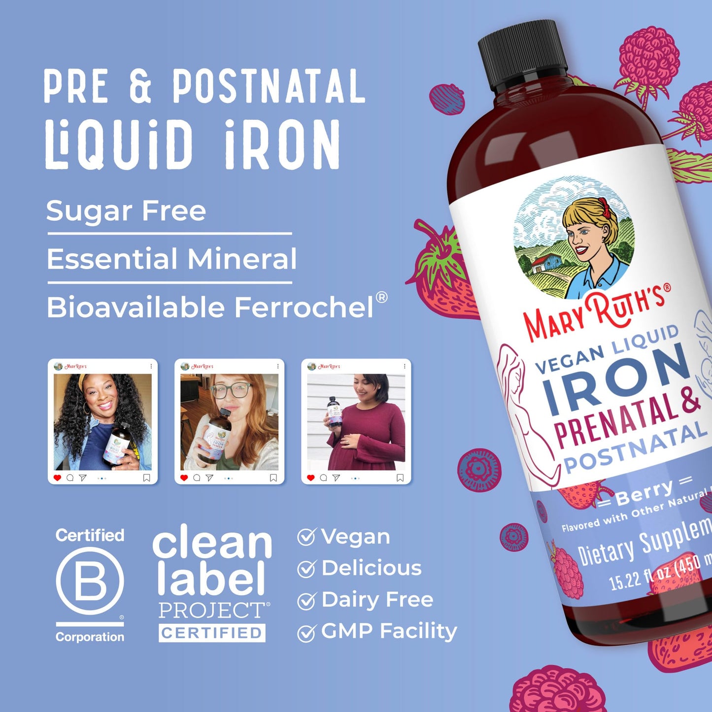 MaryRuth Organics | Liquid Iron Supplement Prenatal & Postnatal for Pregnant & Lactating | Iron Deficiency | Immune Support | Sugar/Gluten Free | Vegan | Non-GMO | 15.22 Fl Oz