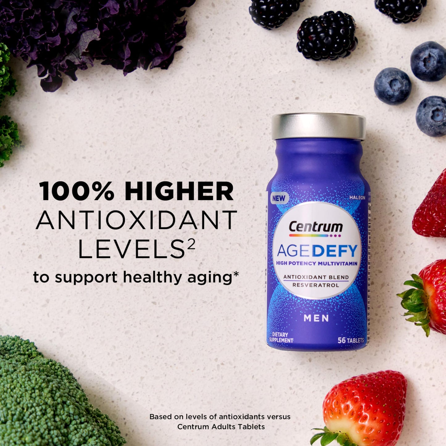 Pre-Order | Arrives in 5–10 Days – 
Centrum Age Defy for Men - High-Potency Multivitamin and Healthy Aging Supplement - Multivitamin Blend with Resveratrol, and Niacin for NAD+ Level Support - Aluminum Bottle, 56 Tablets