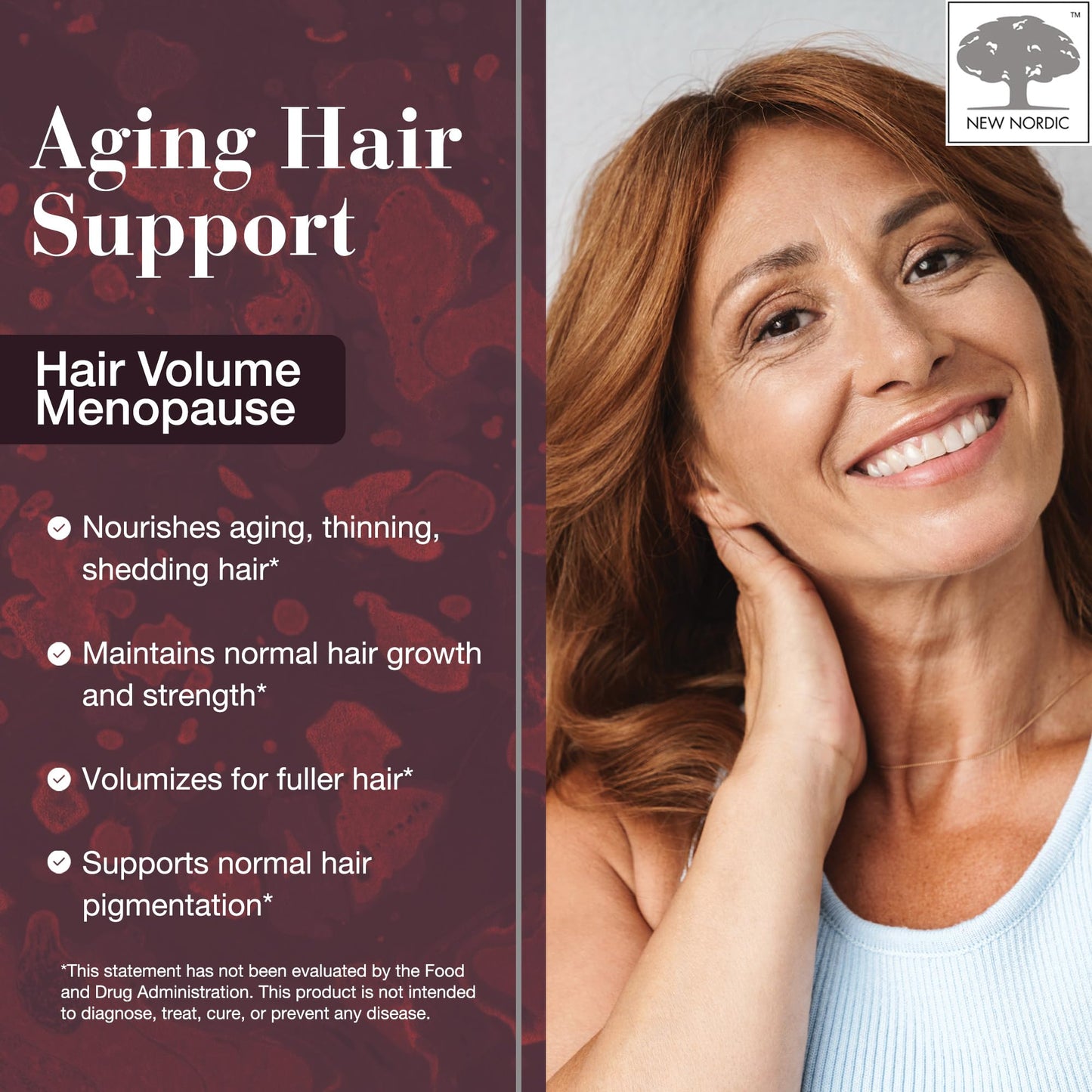 New Nordic Hair Volume Menopause, Supports Healthy Hair Growth During & After Menopause, Nourishes Mature Hair for Post-Menopausal Women, 30 Tablets
