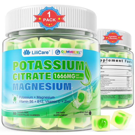 Potassium Citrate Gummies 1666mg for Adults - Potassium Supplement, Magnesium Glycinate, Zinc, B6, B12 & C – Electrolyte Gummies for Energy, Recovery & Leg Cramps, Vegan 60 Cts