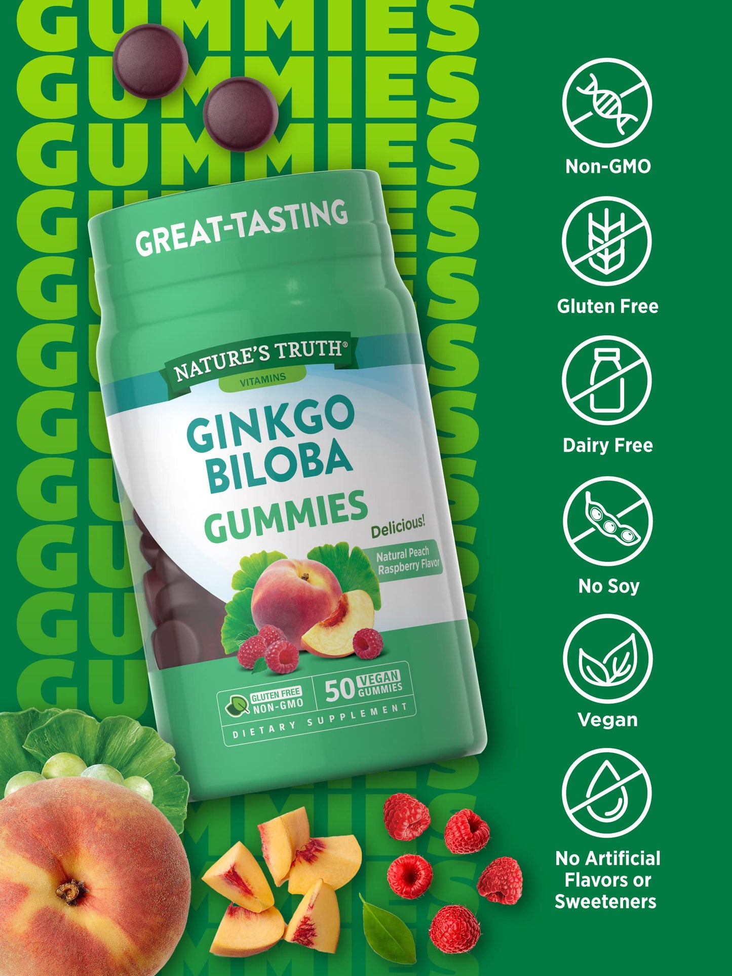 Nature's Truth Ginkgo Biloba Gummies | 100mg | 50 Count | Peach Raspberry Flavor | Vegan, Non-GMO & Gluten Free Extract Supplement