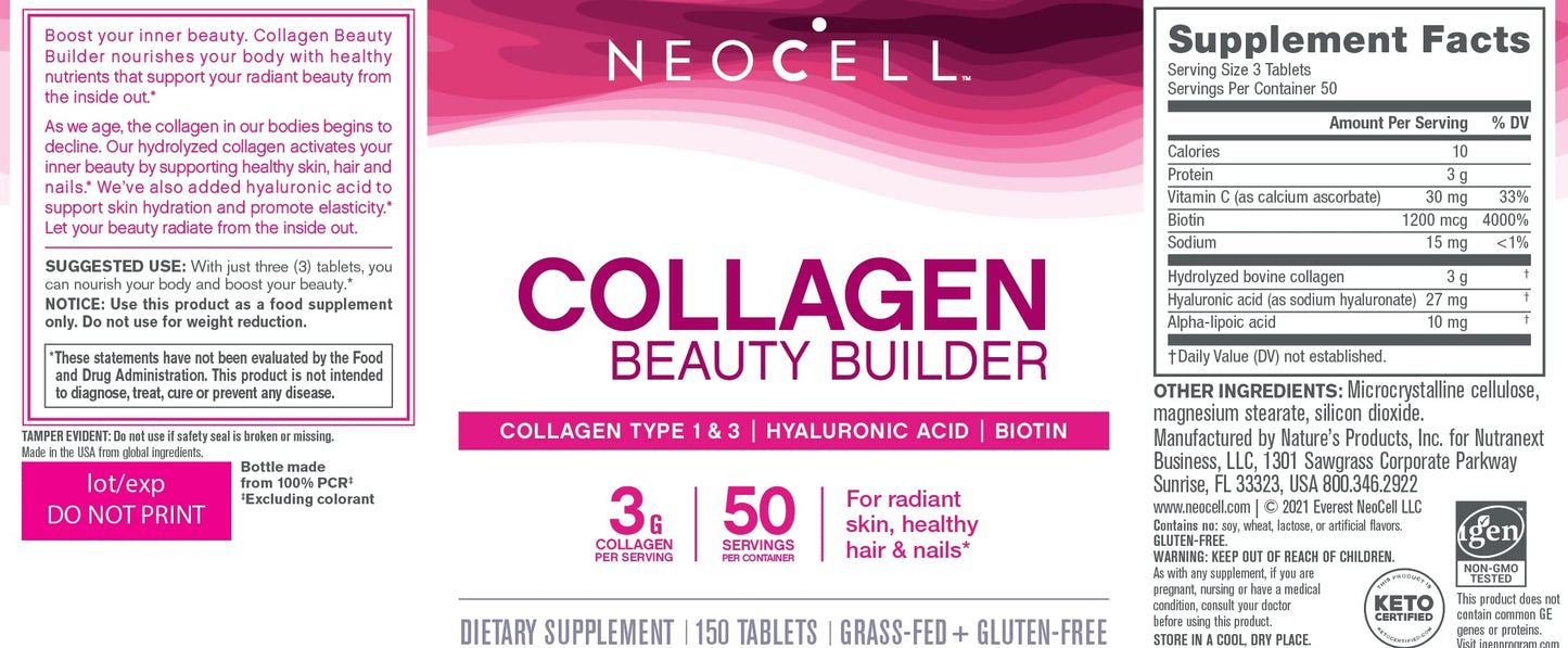 NeoCell Collagen Beauty Builder With Hyaluronic Acid and Biotin, Skin, Hair and Nails Supplement, Includes Antioxidants, Tablet, 150 Count, 1 Bottle